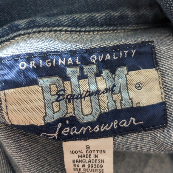 Vintage 90s BUM Equipment patch denim jacket size small blue jeans patches - Picture 3 of 5
